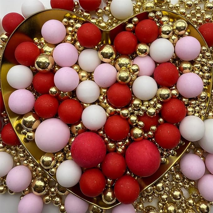 CandiJumpin Edible Pearls for Cake Decorating, Valentines Sprinkles Red White Pink Pearl Sprinkles Gold Sugar Pearls Edible Cake Decorations Valentine Baby Shower Party Birthday Wedding Christmas Supplies 3 OZ