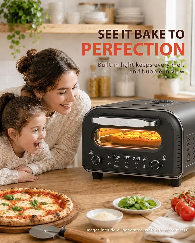 Countertop Electric Pizza Oven, 850°F, for Home Pizza Nights | 90-Second 12 Inch Pizza, PID Top & Bottom Temp Control, Dual Knobs for Time & Temp, Always-On Light