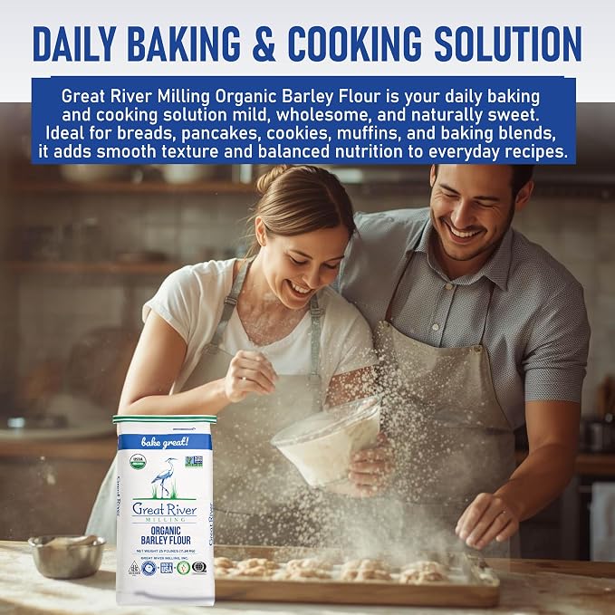 Great River Milling Organic Barley Flour | Unbleached, Unbromated, Non-GMO, Kosher | High Fiber, Nutty Flavor Perfect for Breads, Pancakes, & More | 25 Lb