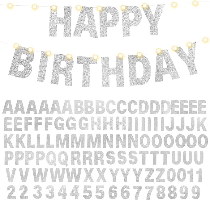 TaoBary 112 Pcs DIY Letter Kit Glitter Customizable Banner Letters Include 107 Letters and Numbers 3 Rope and 2 Needles for Birthday Halloween Christmas Wedding Valentine Party Decor(Silver)