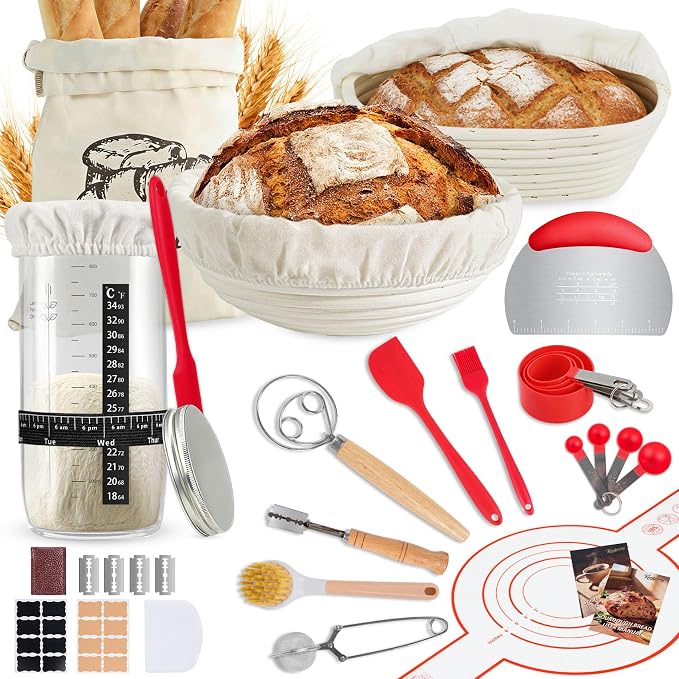 Sourdough Starter Kit & Sourdough Bread Baking Supplies-10" Round & Oval Banneton Proofing Baskets, 32 oz Sourdough Starter Glass Jar, Bread Making Tools, for Bread Making/Baking Fermentation