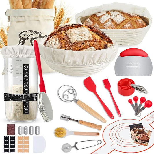 Sourdough Starter Kit & Sourdough Bread Baking Supplies-10" Round & Oval Banneton Proofing Baskets, 32 oz Sourdough Starter Glass Jar, Bread Making Tools, for Bread Making/Baking Fermentation
