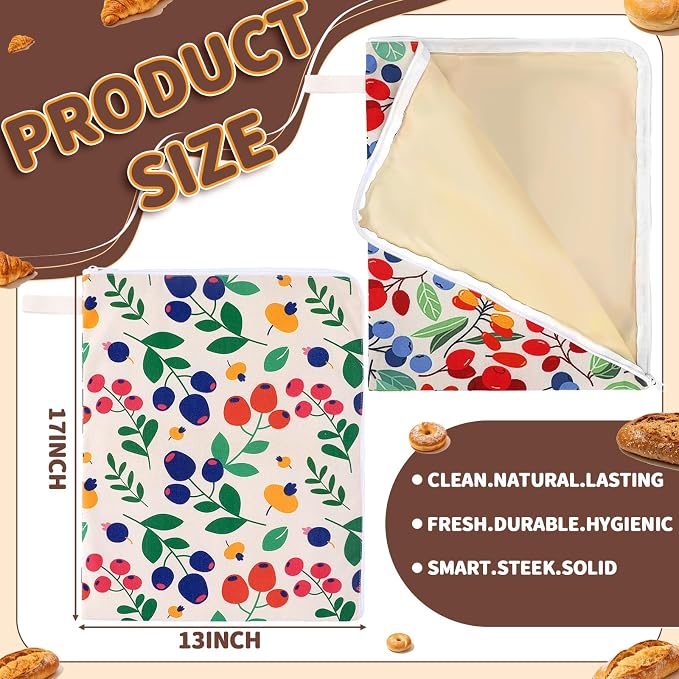 Hahafelt 2 Pack Beeswax Bread Bags with Zipper Seal for Sourdough and Homemade Bread XL Reusable Organic Linen Cotton Beeswax Loaves Food Storage Bag to Keep Fresh(Berry)