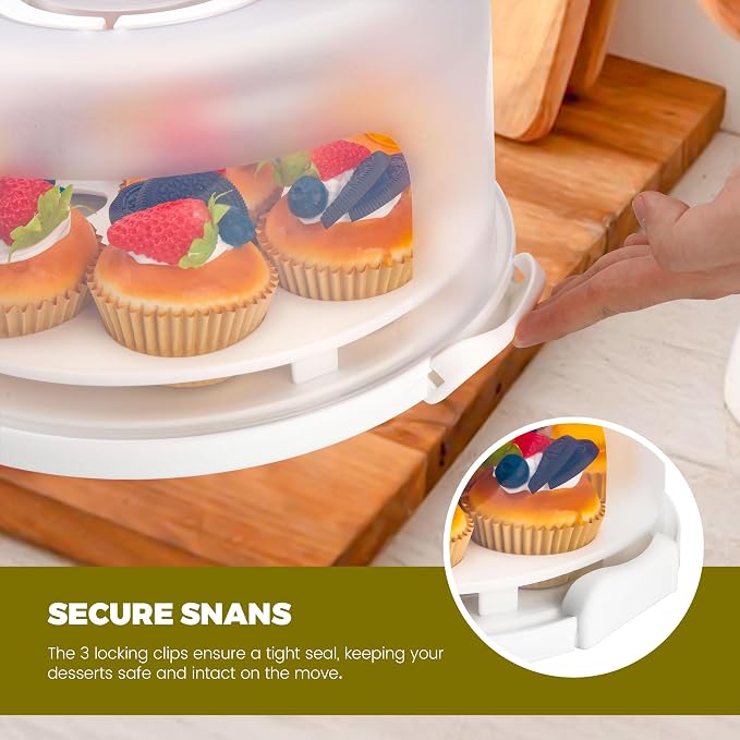 NPLUX White Cake Containers with Lids Round Plastic Cupcake Holders 4-in-1 Multipurpose Cake Carrier Holder for 11 Inch Cake Pies Cupcake Eggs Fruit or Snack Transport