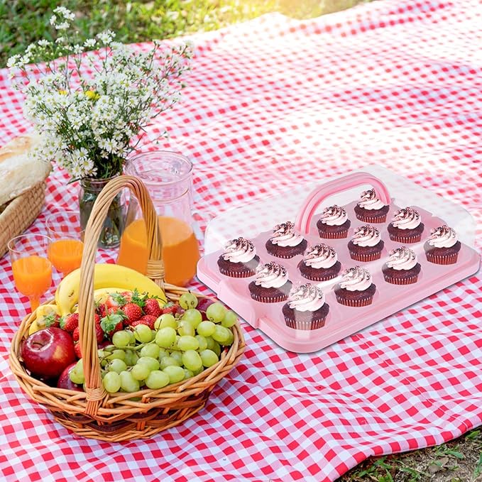 Cake Carrier with Lid, Cake Holder Cupcake Container for 12 Cupcakes 2 in 1 Portable Dessert Container for Pie Muffin Cobbler (Pink)