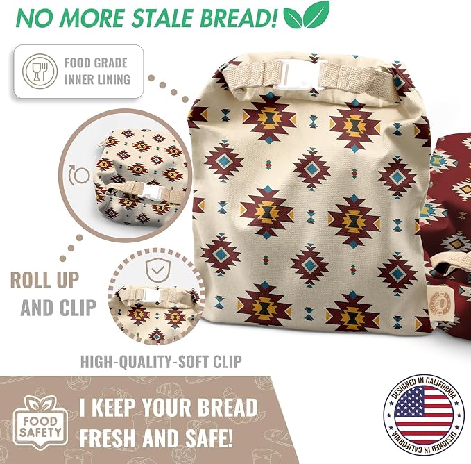 Cozy Bread® Reusable Bread Bag Set for Home Bakers | USA Brand | Charming Bread Designs (South Western)