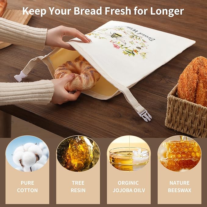 lorine Beeswax Bread Bags for Homemade Bread & Sourdough –17"×13" 2PC XL Eco-Friendly, Natural Food-Safe Storage Bag to Sourdough Bags with Sealing Zip to Keep