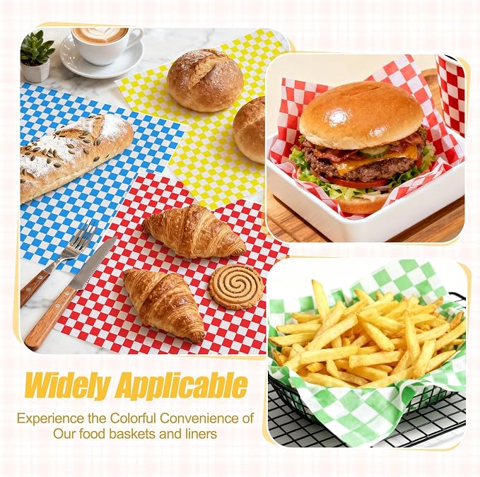 120pcs Wax Paper Sheets for Food, 12x12" Variety Pack Checkered Sandwich Wrapping Paper, Greaseproof Deli Sheets, Pre Cut Premium Food Basket Liners for Party, Festival & Outdoors, JIRNGLA