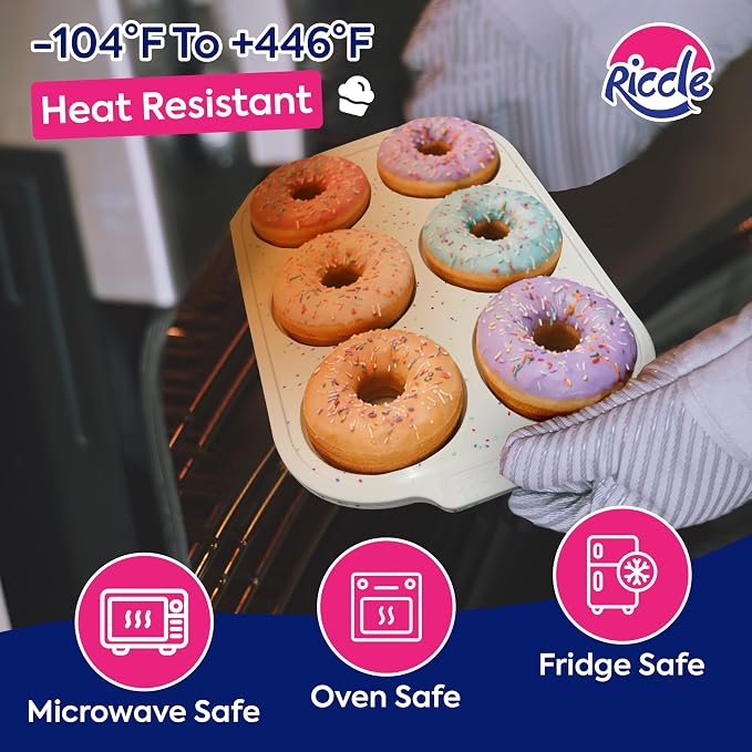 RICCLE Silicone Donut Pan – 2 Pack, 6 Cavity Donut Pan for Baking with Metal Reinforced Frame | Non-Stick Silicone Donut Molds for Baking, Doughnut Pan & Bagel Pan – BPA Free, Oven & Dishwasher Safe