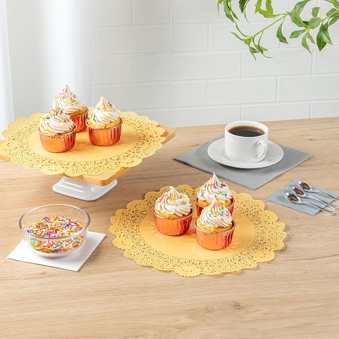 Pastry Tek 12 x 12 Inch Paper Lace Doilies, 100 Disposable Table Doilies - Elegant Lace Finish, Long Lasting, Orange Paper Doily, for Pastries, Cupcakes, Desserts - Restaurantware