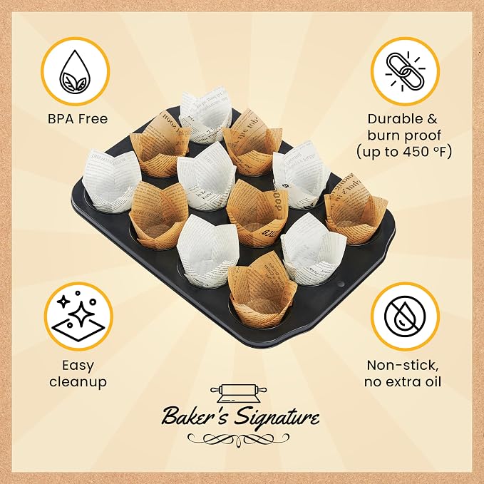 Baker's Signature 150pcs Parchment Paper Muffin Liners - Natural Wood Pulp, Greaseproof, Waterproof, Non-Toxic - Ideal for Multiple Occasions