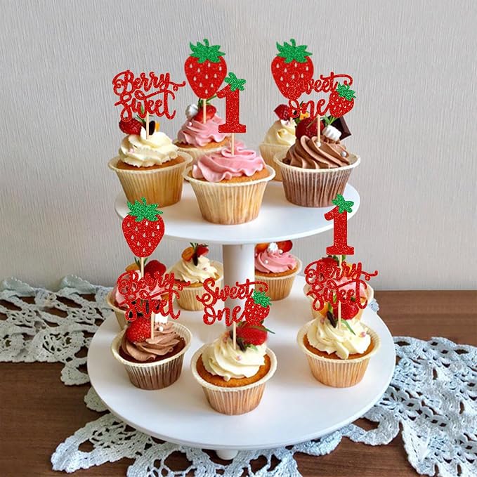 24pcs Glitter Red Strawberry Sweet One Cupcake Toppers Berry Sweet Strawberry Cupcake Picks for Kids Berry First Birthday 1st Wedding Anniversay Baby Shower Party Decoration Supplies