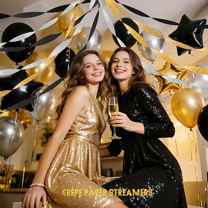 AOYOO Crepe Paper Streamers, 6 Rolls Black Gold and Silver Party Streamers, Premium Black and Gold Party Decorations for Birthday, New Years Eve, Wedding and Graduation Supplies