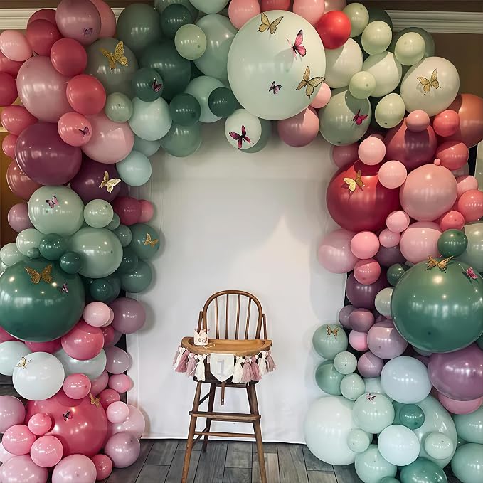 Fairy Balloon Arch Kit 120Pcs Sage Green Pink Purple Balloons Garland Dusty Green Lavender Lilac Birthday Party Balloons for Girls Butterfly Garden Wildflower Floral Bridal Baby Shower Decorations
