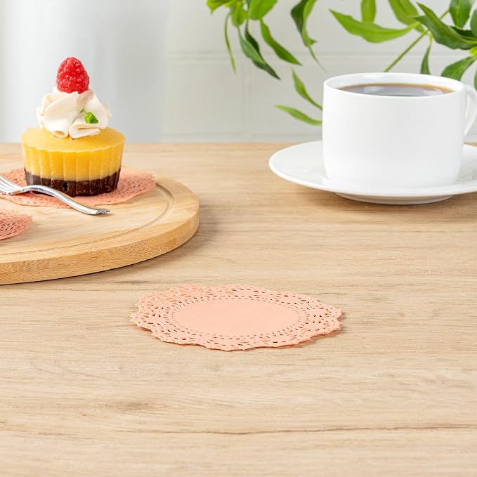 Pastry Tek 4 x 4 Inch Paper Lace Doilies, 100 Disposable Table Doilies - Elegant Lace Finish, Long Lasting, Coral Paper Doily, for Pastries, Cupcakes, Desserts - Restaurantware
