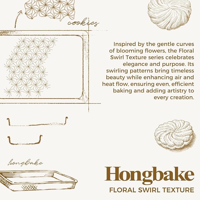 HONGBAKE Nonstick Baking Sheet Pan Set of 3, Cookie Sheets for Oven, Non-Toxic Half/Quarter/Jelly Roll Pans with Floral Swirl Texture, Heavy Duty 0.8mm Thick Oven Trays for Cooking, Antique Gold