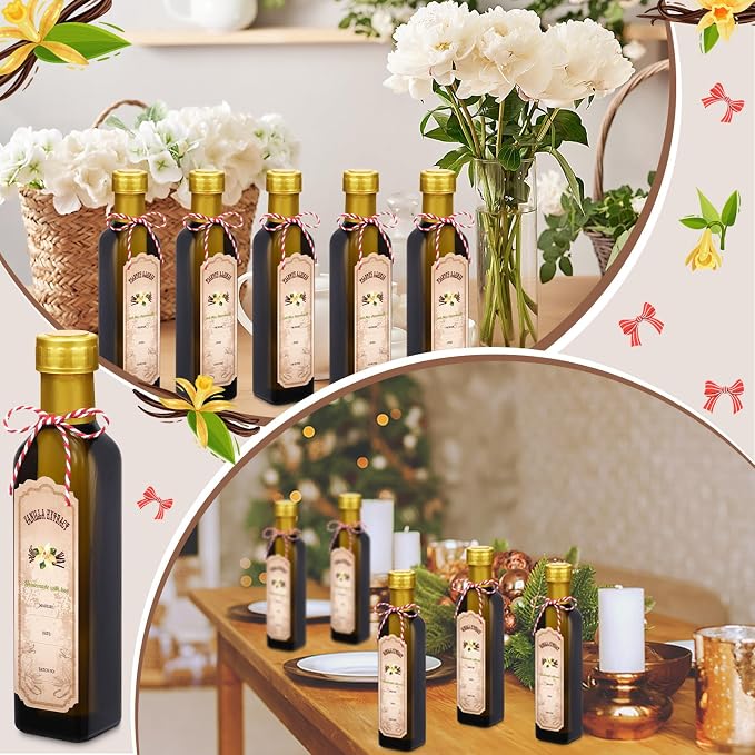 Tioncy 12 Pcs 8.5 oz Vanilla Extract Bottles for Homemade Vanilla Jar Amber Glass Square Bottle with Cap Shrink Band Sticker Syrup Food Storage Canister for Liquid Bean Sauce Spice Gift Giving(Gold)