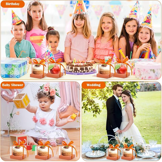 12 Pack Clear Plastic Cupcake Boxes, 3.5 Inch Gold Single Cupcake Containers Disposable Individual Cup Cake Carrier Holder Boxes with Inserts and Ribbon (Orange)