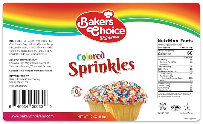 Bakers Choice Rainbow Sprinkles for Baking - Rainbow Jimmies Sprinkles for Ice Cream Toppings - Dairy Free, Kosher 10 Ounce