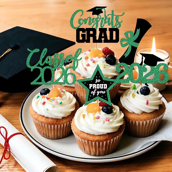 48 PCS Grad Cupcake Toppers, Glittery Congrats Graduation Cake Topper, 6 Styles Graduation Decorations, Black and Green Cap and Diploma Cake Picks for Class of 2026 Grad Party Decorations Supplies