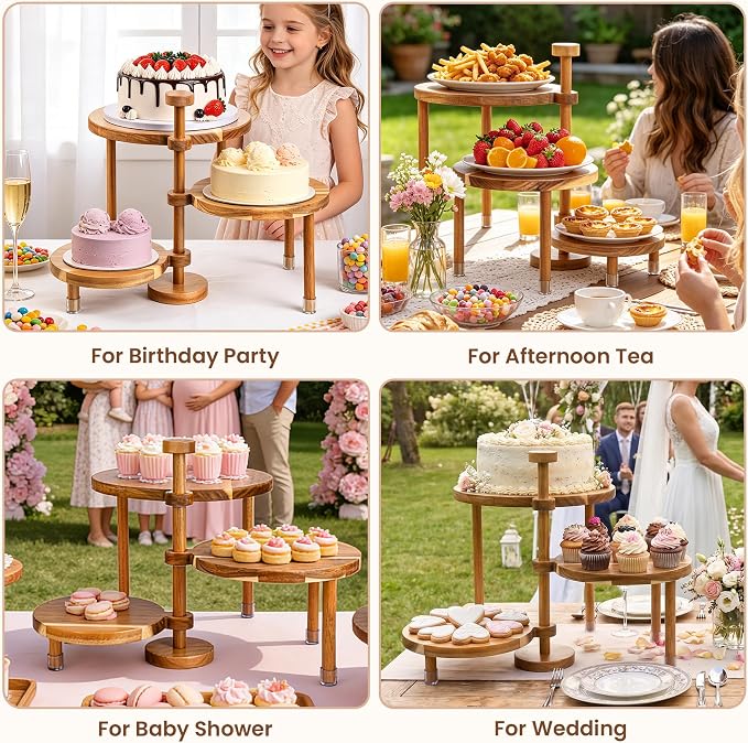 LOVYANXUE Acacia Wooden Cupcake Stand, 3 Tier Round Cake Stand 360° Rotatable Cupcake Tower with Tiered Serving Tray, Wood Dessert Table Display Set, Tiered Tray Stand for Party, Wedding (12/10/8 IN)