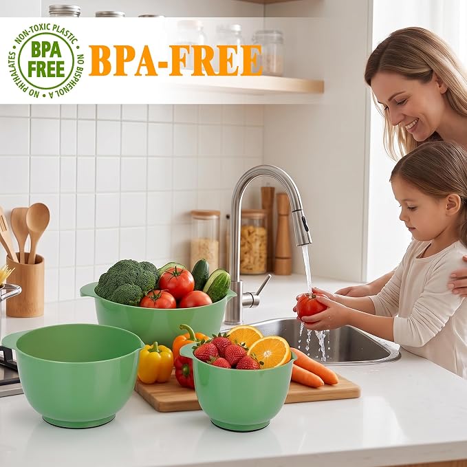 BoxedHome 4 Quart Large Plastic Mixing Bowls, Microwave Safe Mixing Bowl Set with Pour Spout, Nesting Bowls for Space Saving Storage(Grass Green)