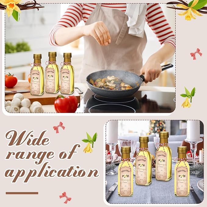 Tioncy 12 Pcs Vanilla Extract Bottles for Homemade Vanilla Jar Glass Square Bottle with Cap Shrink Band Sticker Syrup Food Storage Canister for Liquids Bean Sauce Spice Gift Giving(Gold,5 oz)