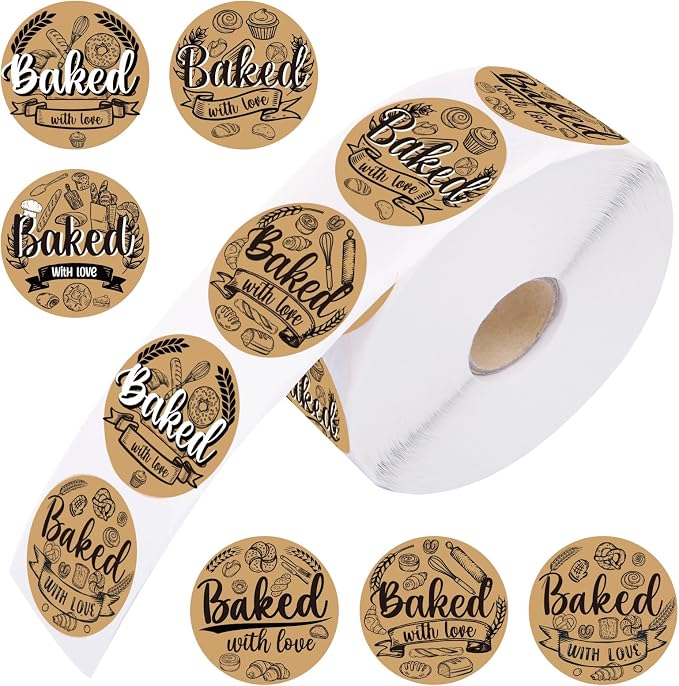 1200pcs Baked with Love Stickers 1.5Inch Round Thank You Heart Baking Sticker Kraft Paper Hand Made with Love Labels Bakery Label for Baked Food Packaging Cookie Bags Homemade Treats Gift Sealing
