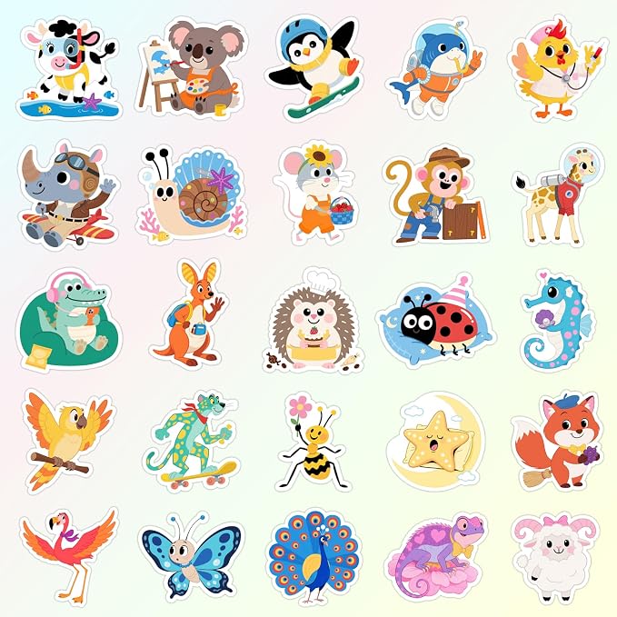 50PCS Animal Stickers, Cute Water Bottle Stickers for Kids, for Teaching Rewards, Notebooks, Stationery, Luggage, Cartoon PVC Happy Stickers