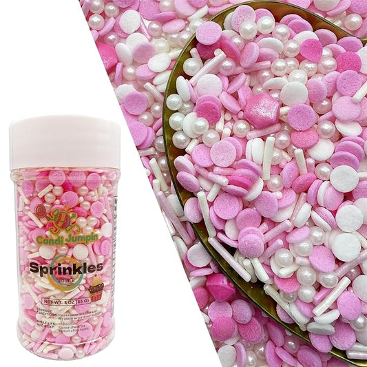CandiJumpin Pink and White Pearl Sprinkles, Edible Pearls and Jimmies Mix Pink White Confetti Sprinkles Crunchy Jimmies Edible Pearls for Cake Decorating Valentines Decoration for Baking Baby Shower Party Birthday Wedding Christmas Supplies 3 OZ