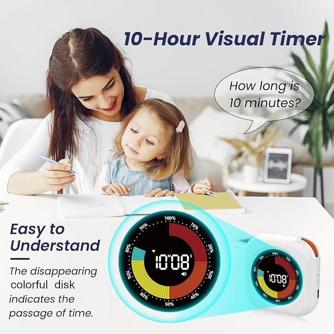PERSUPER Visual Timer for Kids, 10 Hours Countdown/Up, with Rechargeable, 3 Volume Levels, 3 Brightness Display, and Magnetic, Homeschool Study Tool, Large Digital Timers for Classroom, Kitchen
