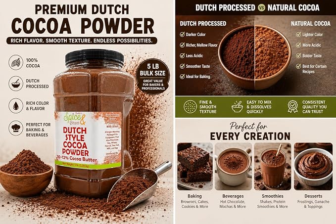 Dutch Process Cocoa Powder | 100% Unsweetened Cocoa | Bulk 5 lb Container | Rich Dark Baking Cocoa for Brownies, Cakes, Hot Chocolate & Smoothies | Dasher’s Spice & Beans