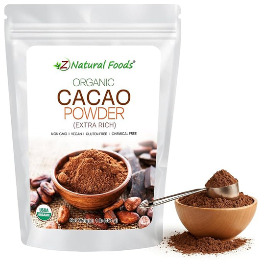 Z Natural Foods Organic Cacao Powder, Nutrition-Packed, Extra-Rich Dark Chocolate Flavor, Perfect for Chocolate Recipes, Shakes, or Smoothies, Non-GMO, Vegan, Gluten-Free, Kosher, 1 Lb