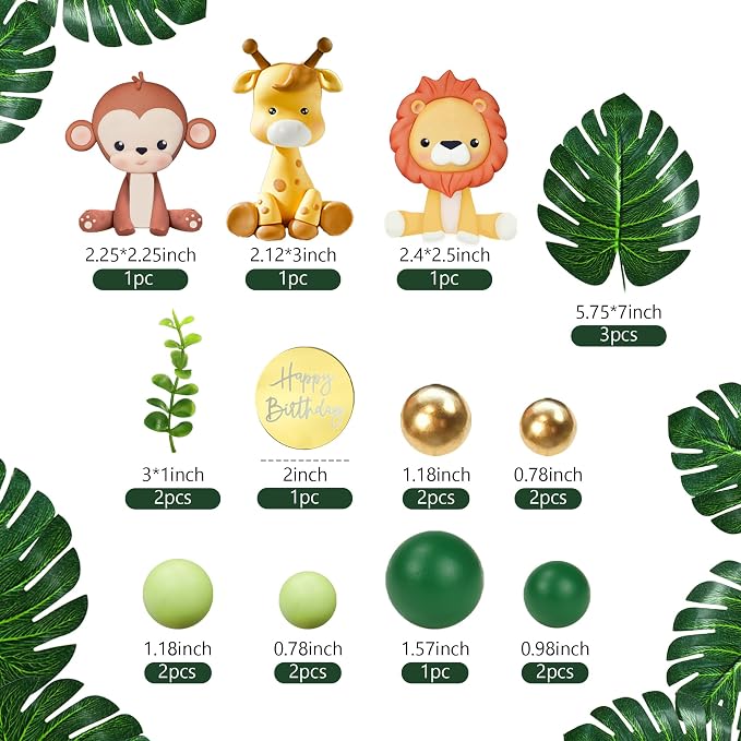 Jungle Safari Animal Cake Topper with Colourful Balls Plam Leaves Cake Decoration for Wild Theme Birthday Supplies (STYLE 3)