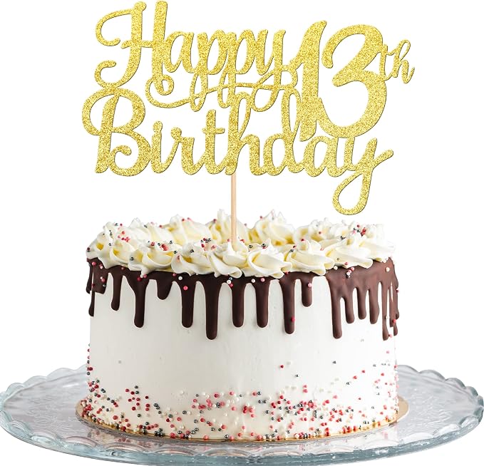 1 PCS Happy 13th Birthday Cake Topper Gold Glitter Cheers to 13 Years Birthday Cake Pick Official Teenager 13 Fabulous Cake Decoration for Happy 13th Birthday Theme Party Decorations Supplies
