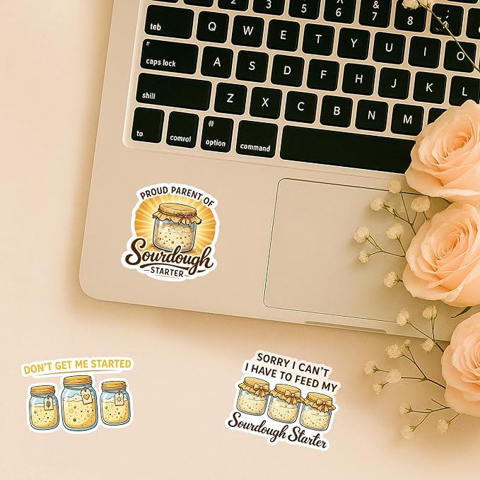 (4 Pcs) Funny Sourdough Stickers – Waterproof UV DTF Vinyl Sourdough Stickers, Funny Baking Stickers, Bread Stickers for Water Bottles, Laptop & Packaging, Sourdough Bread Stickers for Bakers, Kitchen
