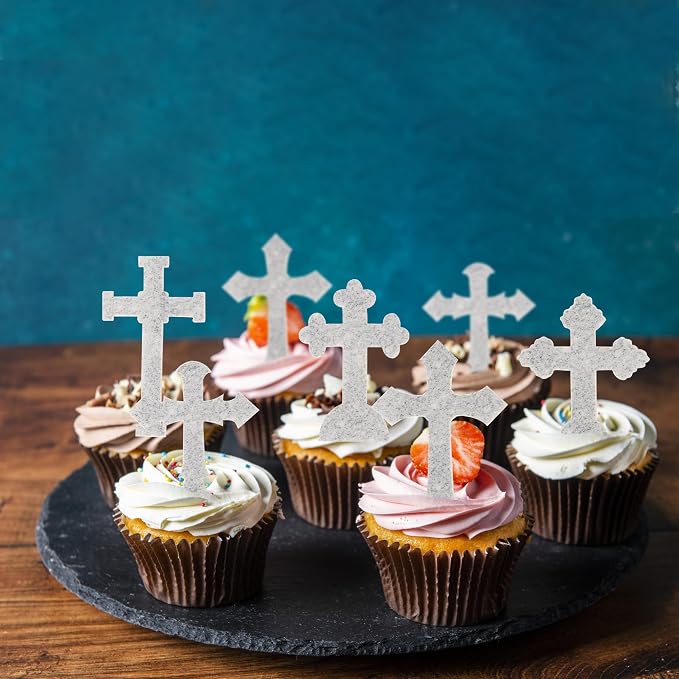 60 PCS Edible Cross Cupcake Toppers God Bless and Baptism Cupcake Toppers Edible Cross Cupcake Pick First Communion Cake Decorations for Religious Theme Baby Shower Birthday Party Supplies Silver