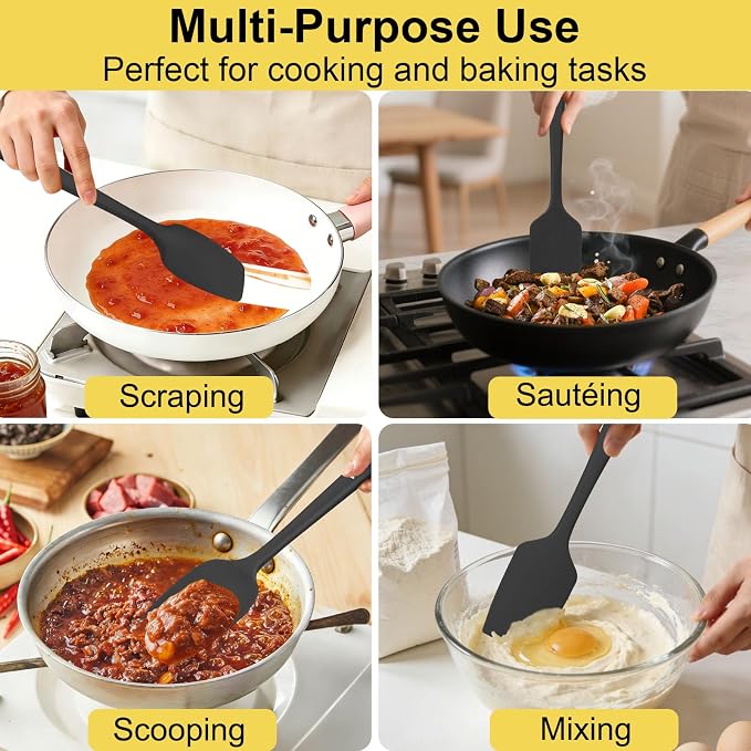 Silicone Spatula Set, 11.4 in, 600°F Heat Resistant (Black) | Food Grade Rubber, BPA Free, Stainless Steel Core, Flexible for Cooking, Baking, Mixing, Seamless, Nonstick & Dishwasher Safe