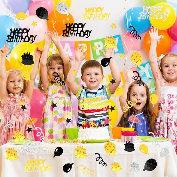 Birthday Confetti, Happy Birthday Party Glitter Table Confetti, 60g Black Gold Metallic Foil Cake Balloon Confettis Sprinkles Table Centerpiece for Baby Shower Party Decorations DIY Arts and Crafting