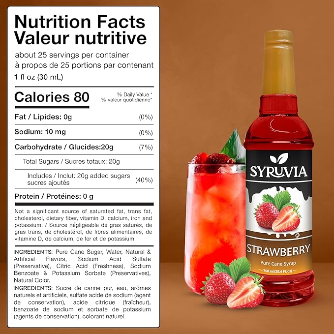 Syruvia Strawberry Syrup, Flavored Syrup for Cocktails, Fruit Drinks, Lemonades, and Desserts – 25.4 fl oz - with Pump