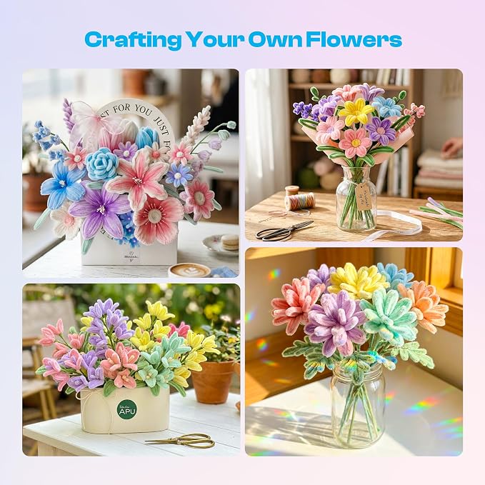 Caydo 700 Pieces Pipe Cleaner Flower Kit with Bouquet Making Accessories, Macaron Colorful Craft Chenille Stems Bulk for Flowers Making and Home Decor