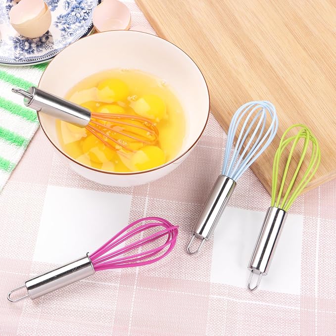 BAEKZ Multi-Color Mini Silicone Kitchen Whisks with Stainless Steel Handles Milk Beater Egg Beater Balloon Whisk for Blending Stirring Whisking and Beating(6.2in, Four colorsl, 8)