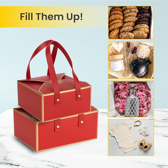 Hammont Gift Boxes - 4 Pack of Gift Boxes with Faux Leather Handles - Cookie Boxes - Versatile Gift Boxes for Presents - Elegant Box for Cakes Candy | Jewelry | Chocolates (6"x6"x3" (Red))