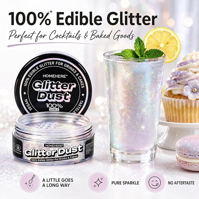 HomeHere Edible Glitter for Drinks & Cakes, 10g Food Grade Disco Diamond Glimmer Dust, Sparkle Powder for Cocktails, Chocolate, Baking Decorations, Vegan& Tasteless (Iridescent)