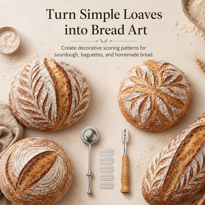 Bread Lame and Flour Duster Sets, 304 Stainless Steel Bread Scoring Tool | Ergonomic Handle, Sharp Blades, 5 Razor Blades and Leather Cover, Perfect for Home Bakers to Make Homemade Bread