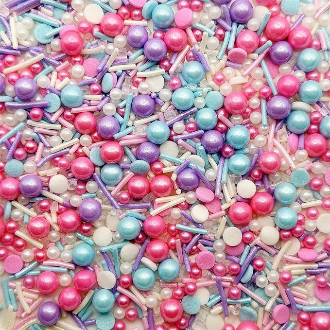 CandiJumpin Pink Blue and Purple Pearl Sprinkles, Edible Pearls and Jimmies Mix Blue and Purple Sprinkles Crunchy Jimmies Edible Pearls for Cake Decorating Pearl Decoration for Baking Baby Shower Party Birthday Wedding Christmas Supplies 3 OZ