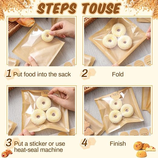 Outus 50 Pcs Cookie Packaging Bags with Seal, 5.7 x 6.5 Inch Bakery Pastry Bags with Window, Heat Sealable Grease Resistant Paper to Go Bake Sleeves for Gift Giving Donut Bread Sandwich (Brown)
