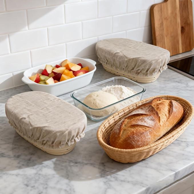 2 Pack Reusable Oval Organic Linen Bowl Covers, 10 IN Bread Proofing Cover, Elastic Cover for Sourdough, 100% Natural Organic Linen, Unplored, Unbleached, Perfect for Bread Banneton Proofing Basket