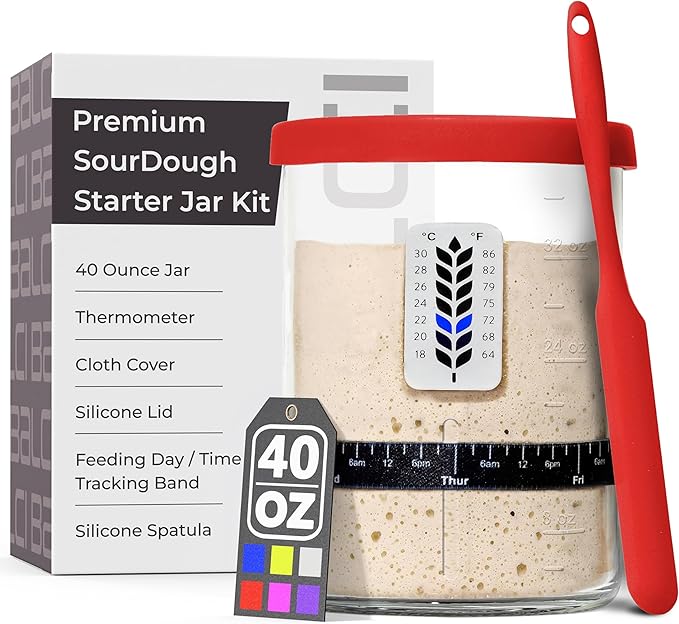 Premium Sourdough Starter Jar - 40oz Large Sourdough Jar with Marked Feeding Band, Scraper, Cloth Cover and Silicone Lid/Base, Wide Mouth Starter Kit - Red