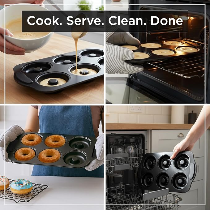 Wrenbury Donut Mold for Baking - NonStick Toughened Carbon Steel Bagel Pan | Silicone Grip Handles, PFOA Free, Easy Release, Even Heating, Oven and Dishwasher Safe, 3.5 Inch Cups